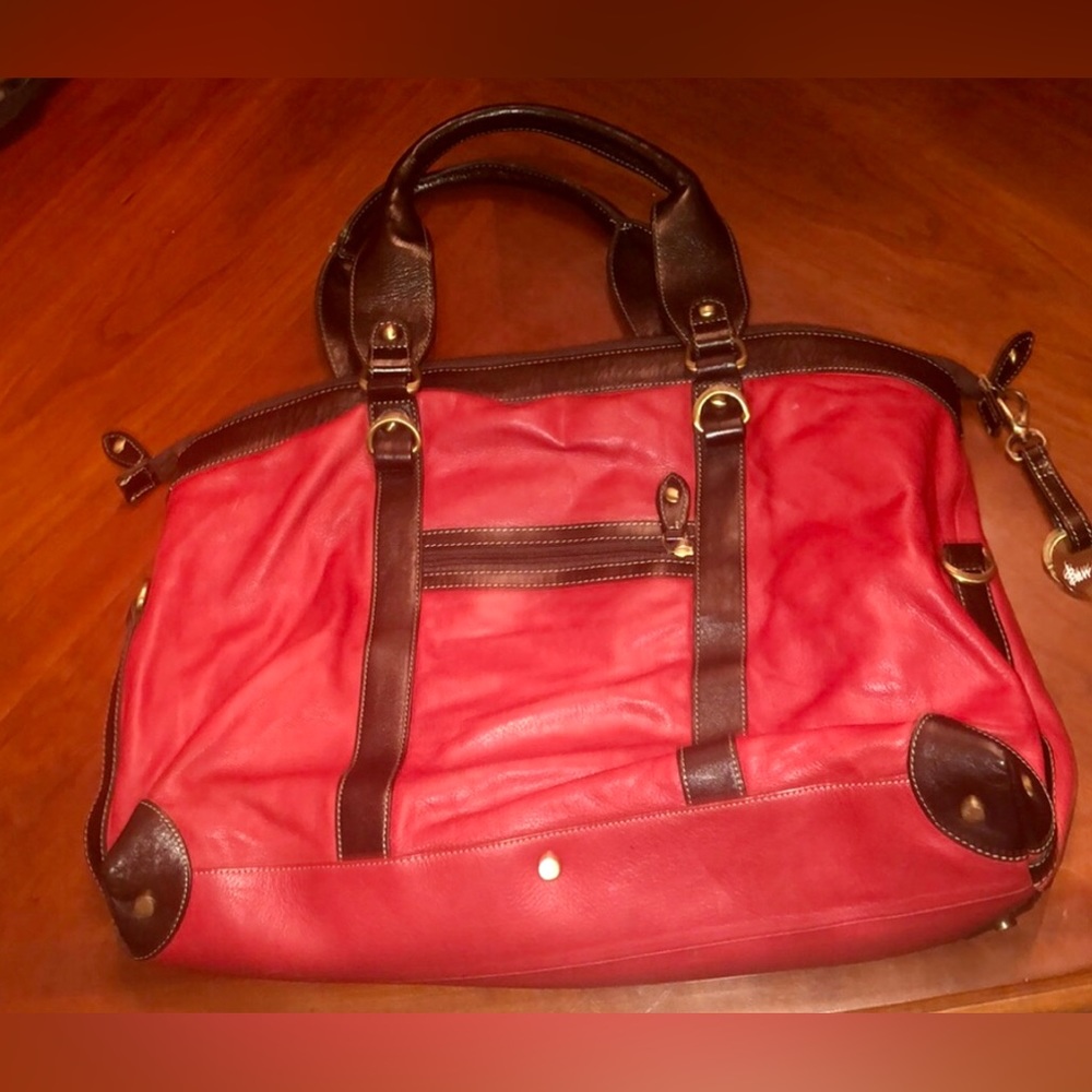 Prwnd Barr+Barr leather red and brown weekender bag